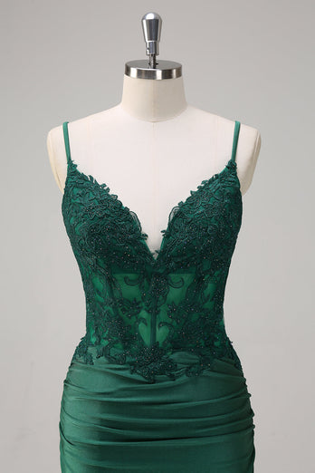 Dark Green Ruched Satin Mermaid Long Corset Formal Dress