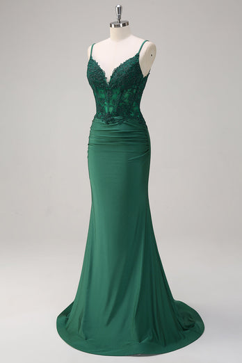 Dark Green Ruched Satin Mermaid Long Corset Formal Dress