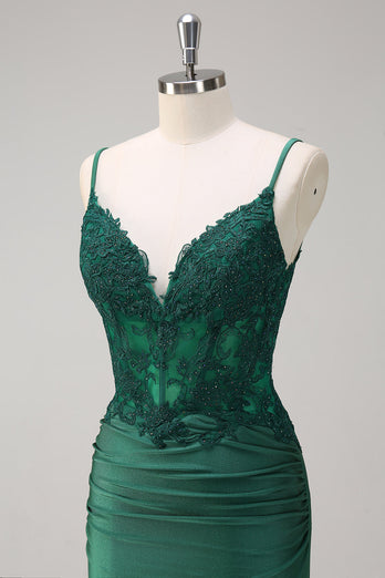Dark Green Ruched Satin Mermaid Long Corset Formal Dress