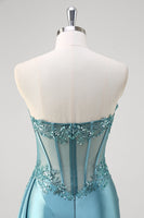 Load image into Gallery viewer, Sparkly Grey Blue Corset Ruched Long Formal Dress with Appliques