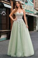 Load image into Gallery viewer, Sparkly Sage Corset Spaghetti Straps Tulle A Line Long Formal Dress