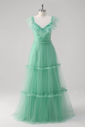 Green A Line V-Neck Tiered Tulle Long Bridesmaid Dress