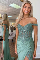Load image into Gallery viewer, Sparkly Green Off The Shoulder Corset Formal Dress with Slit