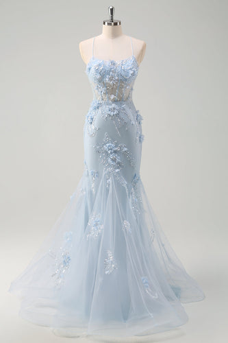 Blue Mermaid Tulle Long Corset Formal Dress with Appliques