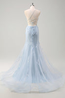 Load image into Gallery viewer, Blue Mermaid Tulle Long Corset Formal Dress with Appliques
