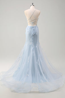 Blue Mermaid Tulle Long Corset Formal Dress with Appliques