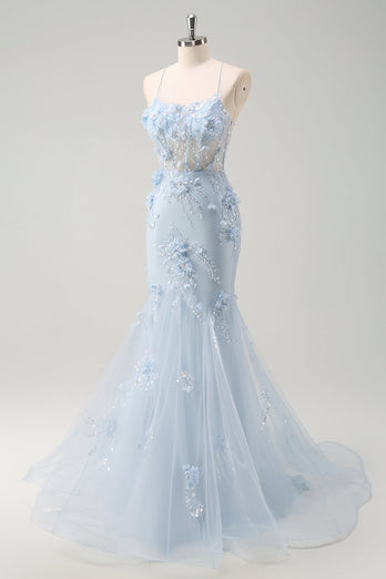 Blue Mermaid Tulle Long Corset Formal Dress with Appliques
