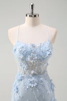 Load image into Gallery viewer, Blue Mermaid Tulle Long Corset Formal Dress with Appliques