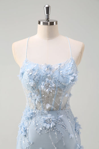 Blue Mermaid Tulle Long Corset Formal Dress with Appliques