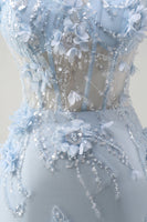 Load image into Gallery viewer, Blue Mermaid Tulle Long Corset Formal Dress with Appliques