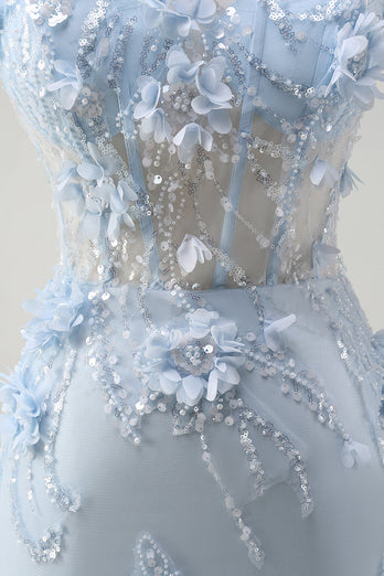 Blue Mermaid Tulle Long Corset Formal Dress with Appliques