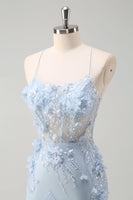 Load image into Gallery viewer, Blue Mermaid Tulle Long Corset Formal Dress with Appliques