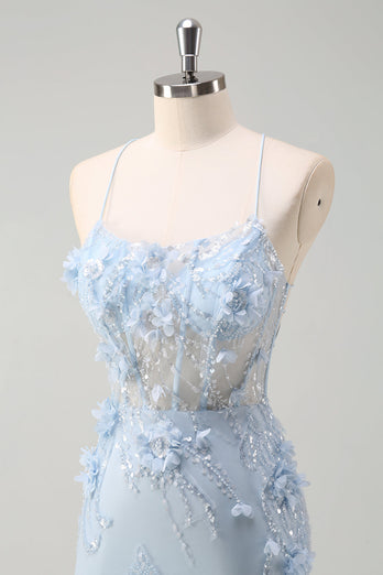 Blue Mermaid Tulle Long Corset Formal Dress with Appliques