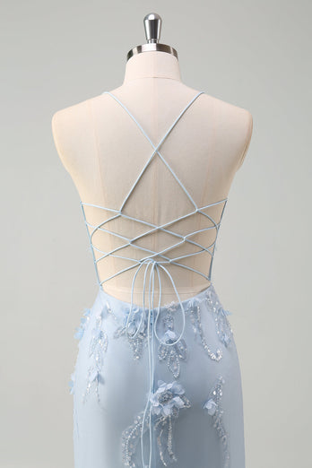 Blue Mermaid Tulle Long Corset Formal Dress with Appliques