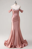 Load image into Gallery viewer, Sparkly Blush Off The Shoulder Long Satin Formal Dress