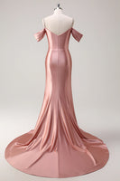 Load image into Gallery viewer, Sparkly Blush Off The Shoulder Long Satin Formal Dress