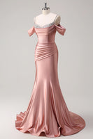 Load image into Gallery viewer, Sparkly Blush Off The Shoulder Long Satin Formal Dress
