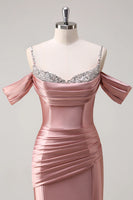 Load image into Gallery viewer, Sparkly Blush Off The Shoulder Long Satin Formal Dress