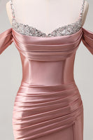 Load image into Gallery viewer, Sparkly Blush Off The Shoulder Long Satin Formal Dress