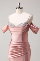 Load image into Gallery viewer, Sparkly Blush Off The Shoulder Long Satin Formal Dress