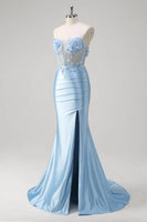 Load image into Gallery viewer, Blue Mermaid Corset Strapless Long Formal Dress with 3D Flowers