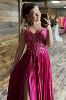 Load image into Gallery viewer, Sparkly Fuchsia A-Line Spaghetti Straps Long Formal Dress with Lace