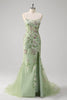 Load image into Gallery viewer, Green Mermaid Corset Appliqued Long Formal Dress With Slit