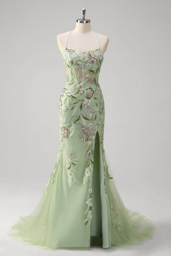 Green Mermaid Corset Appliqued Long Formal Dress With Slit