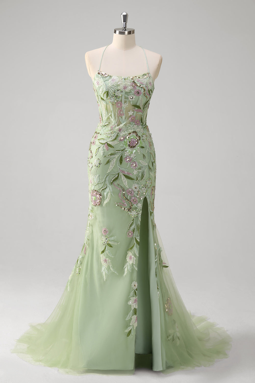 Green Mermaid Corset Appliqued Long Formal Dress With Slit
