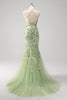 Load image into Gallery viewer, Green Mermaid Corset Appliqued Long Formal Dress With Slit