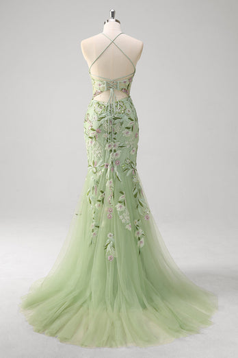 Green Mermaid Corset Appliqued Long Formal Dress With Slit