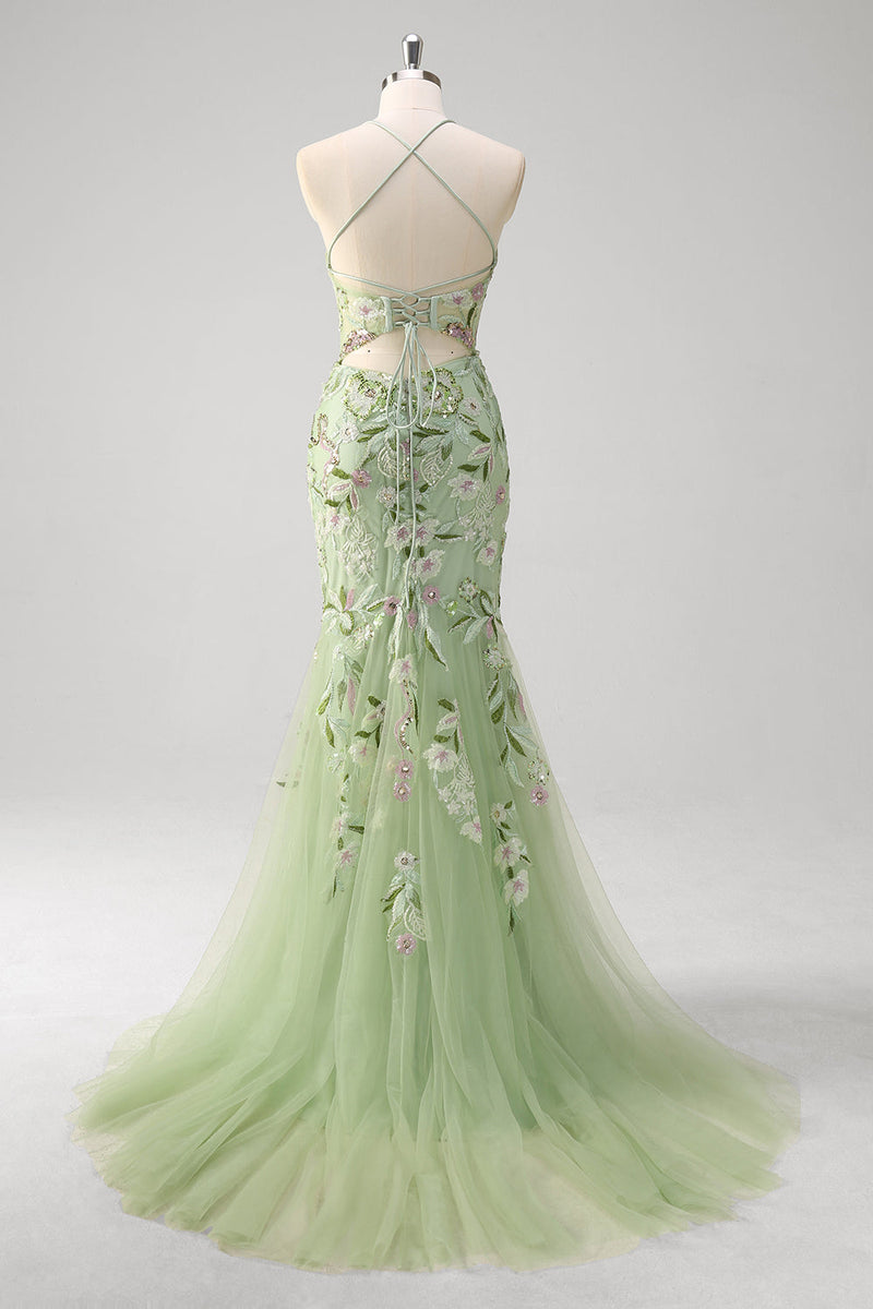 Load image into Gallery viewer, Green Mermaid Corset Appliqued Long Formal Dress With Slit