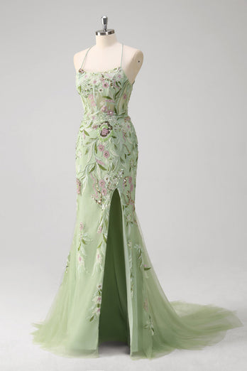Green Mermaid Corset Appliqued Long Formal Dress With Slit