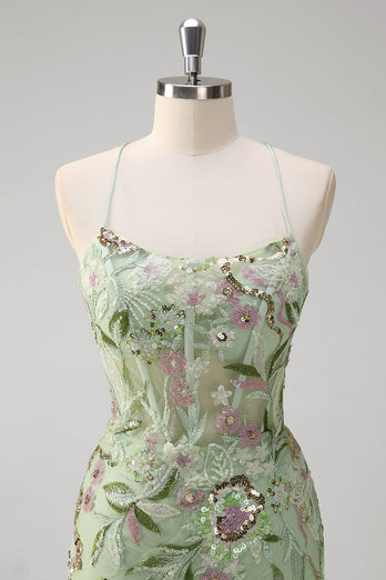 Green Mermaid Corset Appliqued Long Formal Dress With Slit