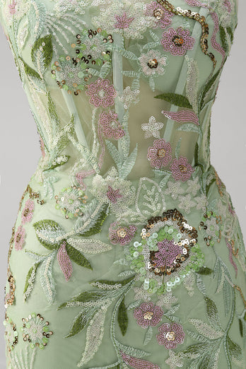 Green Mermaid Corset Appliqued Long Formal Dress With Slit