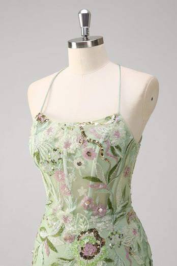 Green Mermaid Corset Appliqued Long Formal Dress With Slit