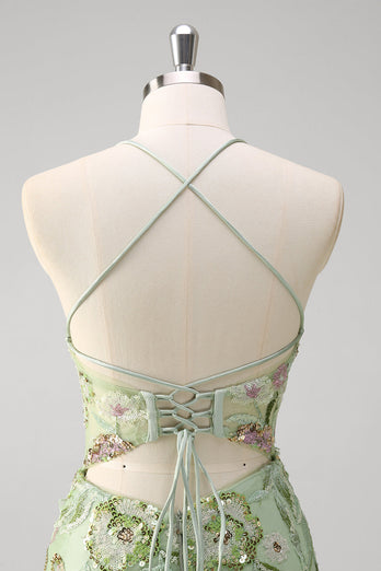Green Mermaid Corset Appliqued Long Formal Dress With Slit