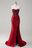 Load image into Gallery viewer, Mermaid Burgundy Strapless Sequin Long Formal Dress with Beading