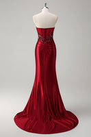 Load image into Gallery viewer, Mermaid Burgundy Strapless Sequin Long Formal Dress with Beading