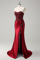 Load image into Gallery viewer, Mermaid Burgundy Strapless Sequin Long Formal Dress with Beading