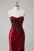 Load image into Gallery viewer, Mermaid Burgundy Strapless Sequin Long Formal Dress with Beading