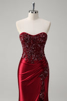Load image into Gallery viewer, Mermaid Burgundy Strapless Sequin Long Formal Dress with Beading