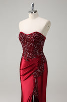 Load image into Gallery viewer, Mermaid Burgundy Strapless Sequin Long Formal Dress with Beading