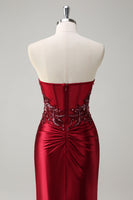 Load image into Gallery viewer, Mermaid Burgundy Strapless Sequin Long Formal Dress with Beading