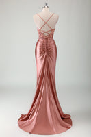 Load image into Gallery viewer, Sparkly Dusty Rose Corset Ruched Long Formal Dress with Slit