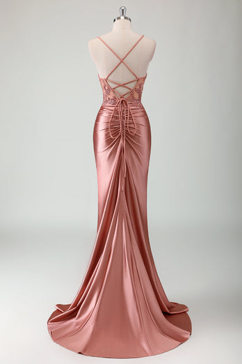 Royal Blue Satin Ruched Mermaid Long Formal Dress with Appliques