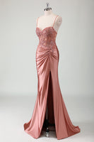 Load image into Gallery viewer, Sparkly Dusty Rose Corset Ruched Long Formal Dress with Slit