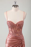 Load image into Gallery viewer, Sparkly Dusty Rose Corset Ruched Long Formal Dress with Slit