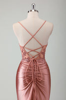 Load image into Gallery viewer, Sparkly Dusty Rose Corset Ruched Long Formal Dress with Slit