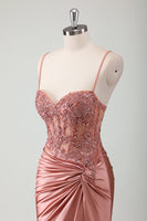 Load image into Gallery viewer, Sparkly Dusty Rose Corset Ruched Long Formal Dress with Slit